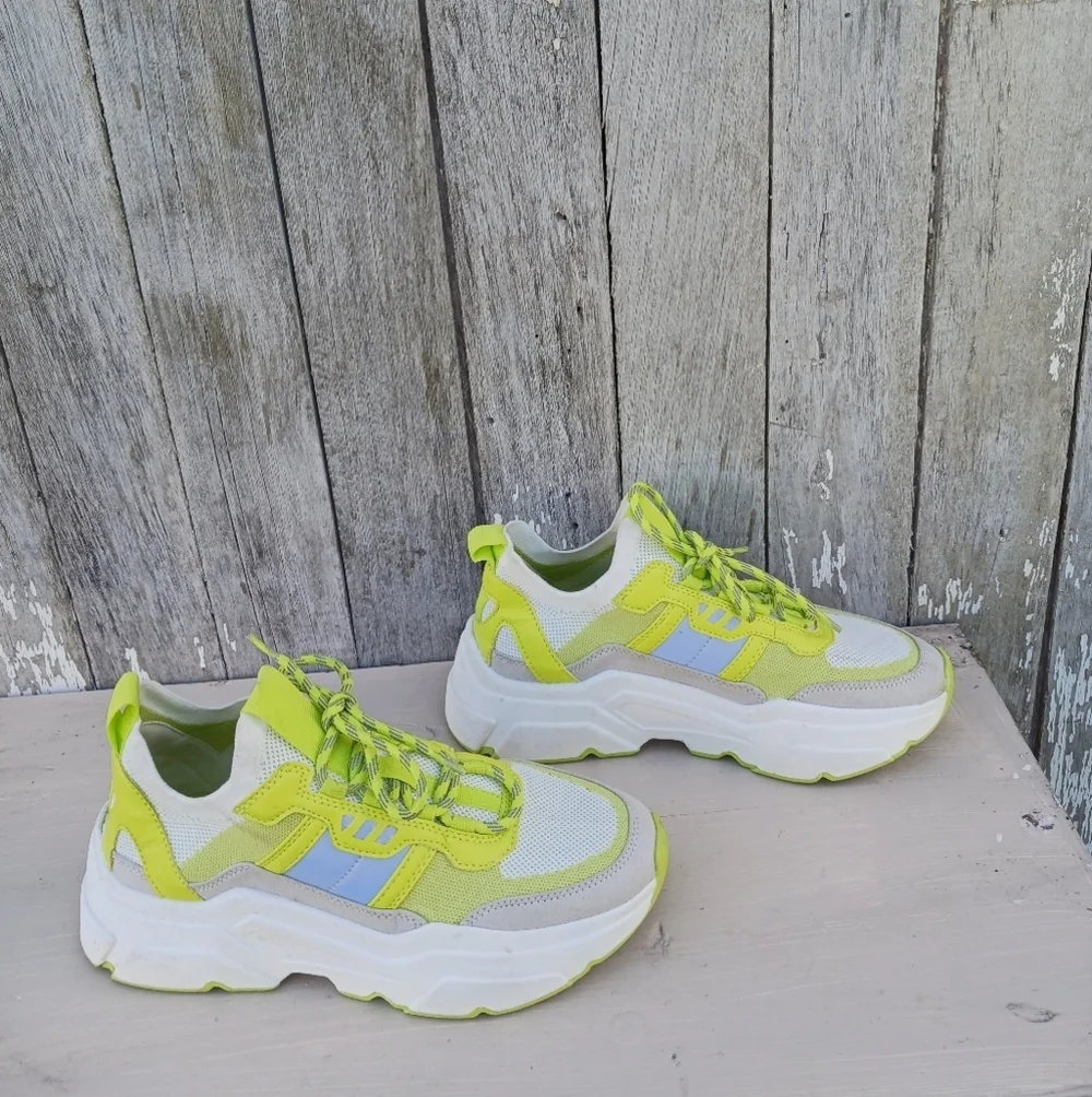 H&M‎ Womens Sz 6 Neon Green Highlighter Lace Up Chunky Style Trainers Sneaker
